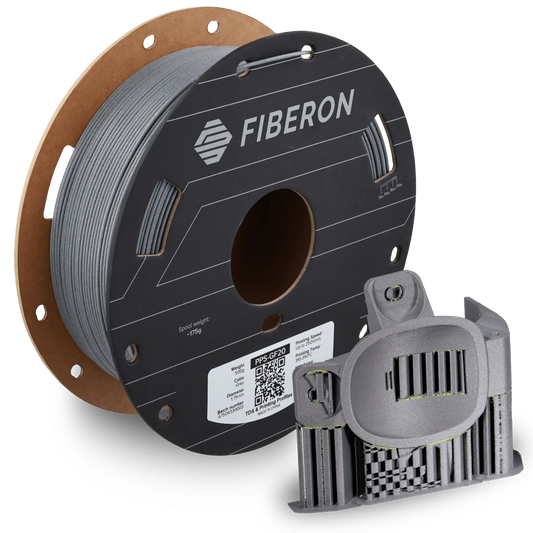 Polymaker Fiberon™ PPS-GF20 Filamentrolle mit 3D-gedrucktem Bauteil aus glasfaserverstärktem Hochleistungsfilament für industrielle Anwendungen.